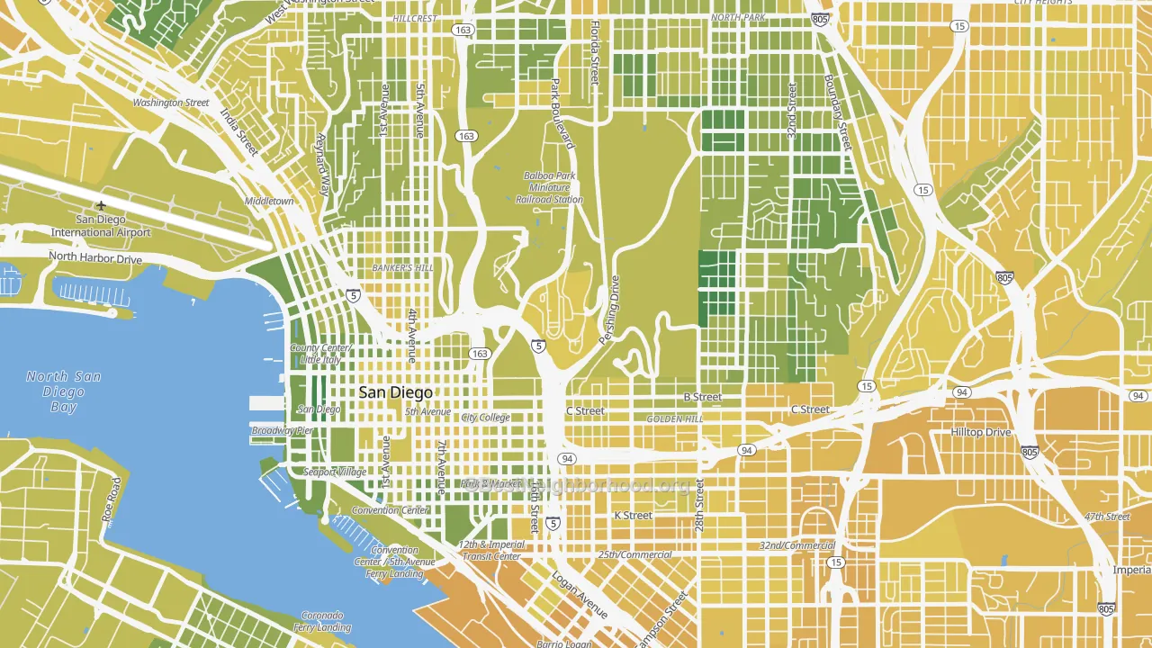 Map of the best neighborhoods in the 92134 area, with better matches in green and worse matches in red