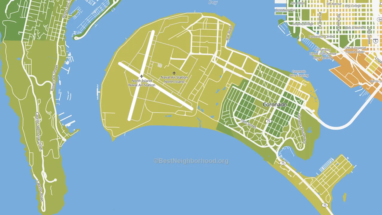 Map of the best neighborhoods in the 92135 area, with better matches in green and worse matches in red