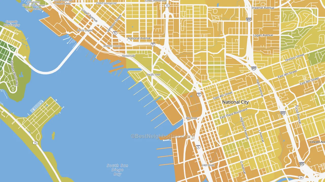 Map of the best neighborhoods in the 92136 area, with better matches in green and worse matches in red