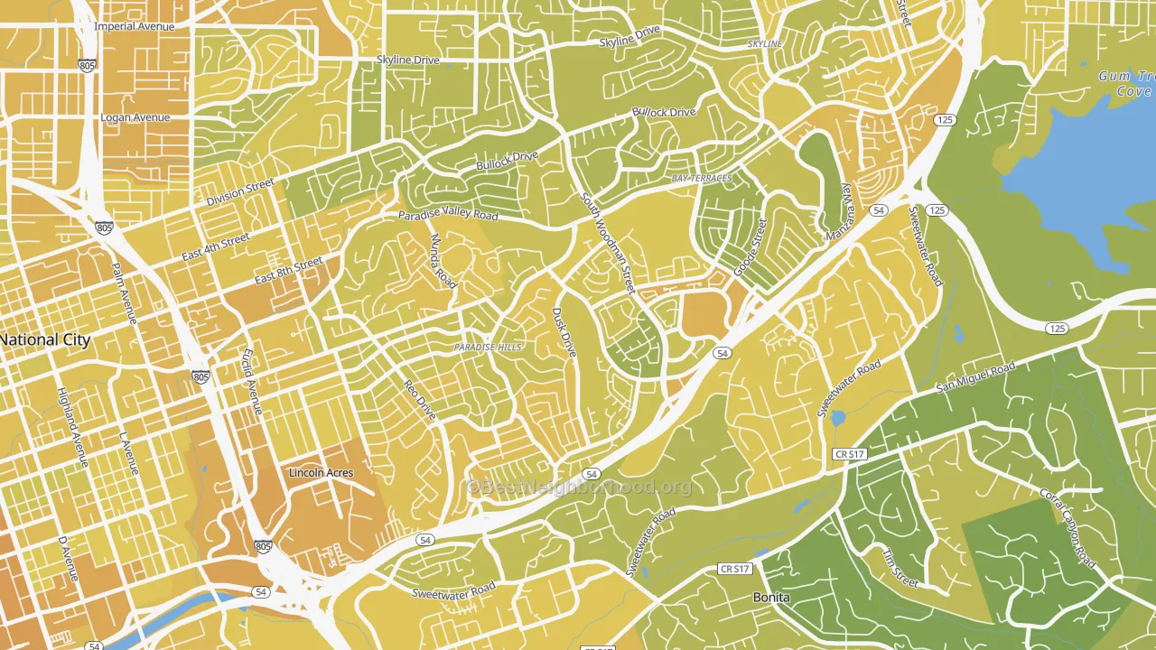 Map of the best neighborhoods in the 92139 area, with better matches in green and worse matches in red