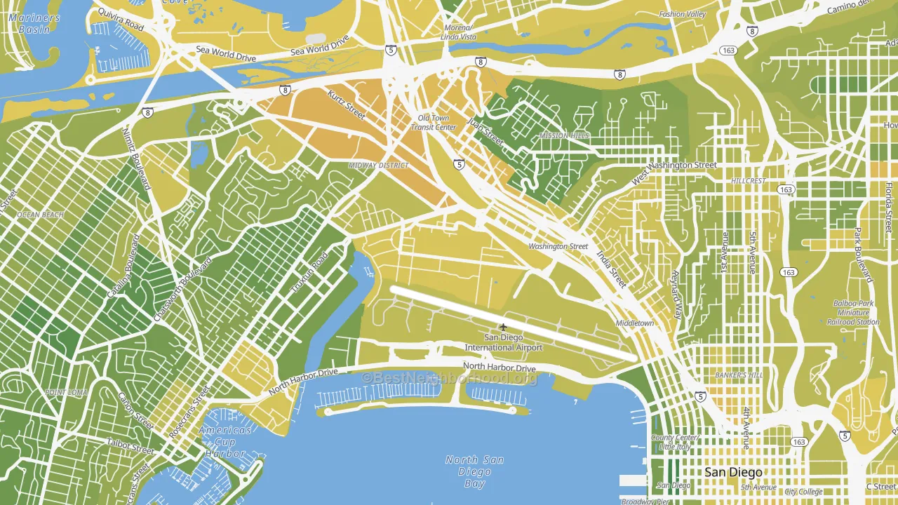 Map of the best neighborhoods in the 92140 area, with better matches in green and worse matches in red