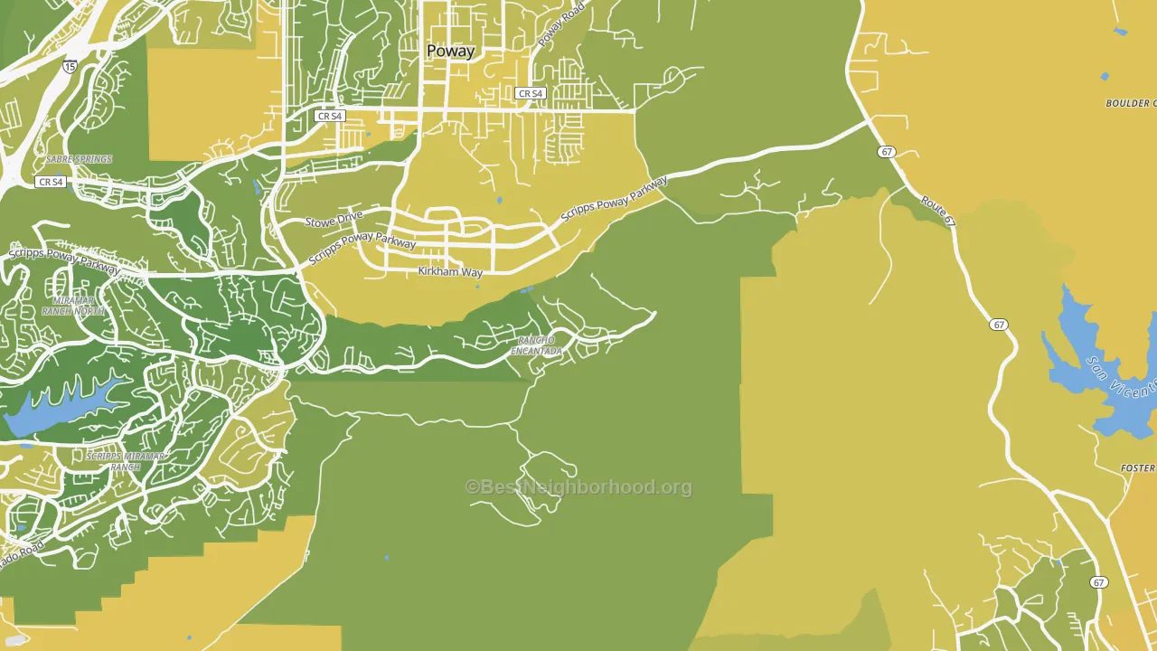 Map of the best neighborhoods in the 92145 area, with better matches in green and worse matches in red
