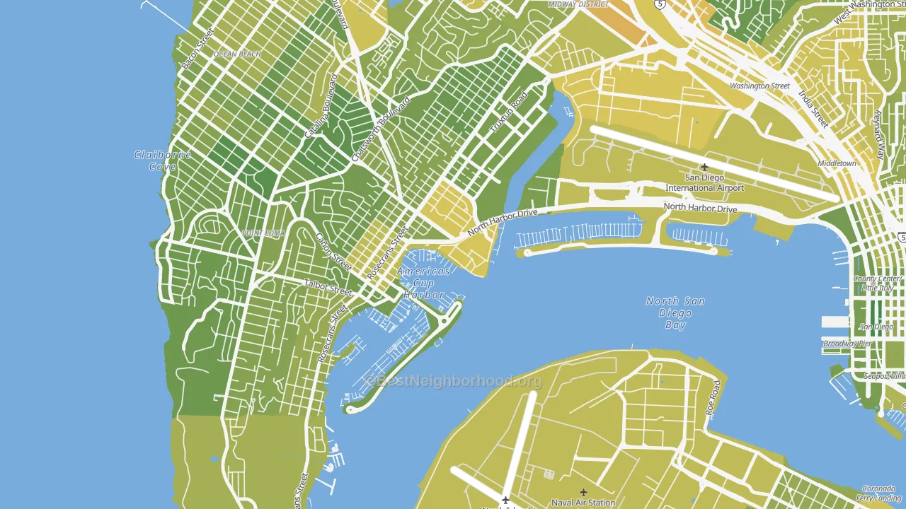 Map of the best neighborhoods in the 92147 area, with better matches in green and worse matches in red