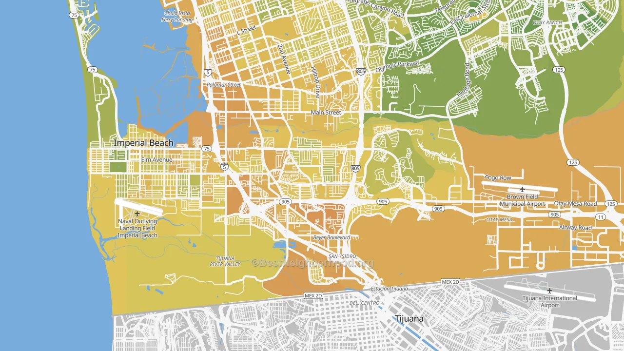 Map of the best neighborhoods in the 92154 area, with better matches in green and worse matches in red