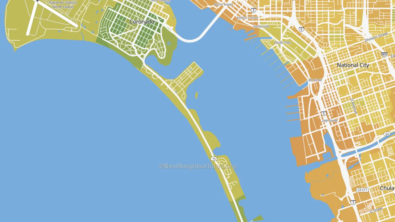Map of the best neighborhoods in the 92155 area, with better matches in green and worse matches in red