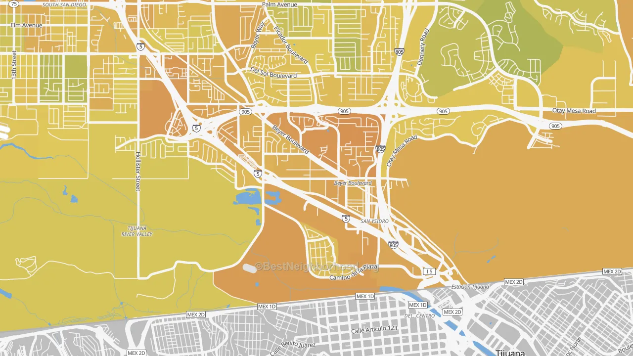 Map of the best neighborhoods in the 92173 area, with better matches in green and worse matches in red