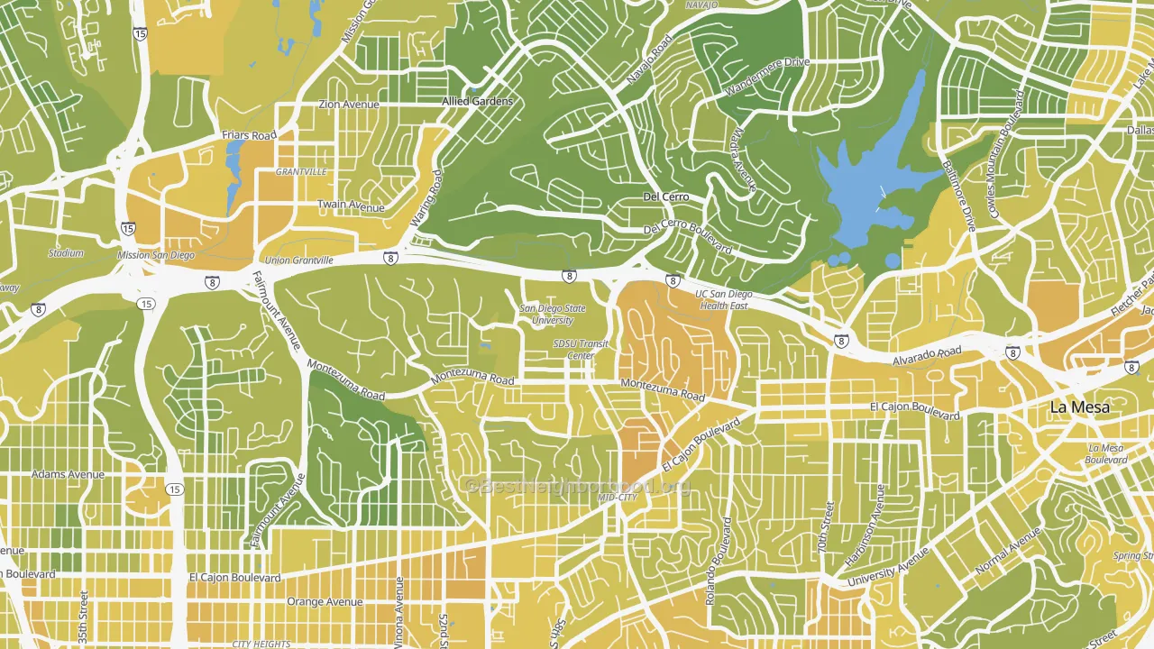 Map of the best neighborhoods in the 92182 area, with better matches in green and worse matches in red