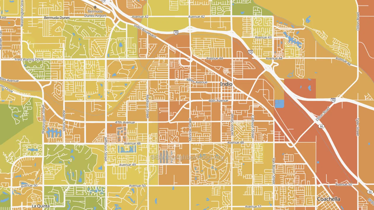 Map of the best neighborhoods in the 92201 area, with better matches in green and worse matches in red