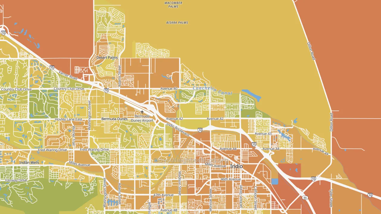 Map of the best neighborhoods in the 92203 area, with better matches in green and worse matches in red