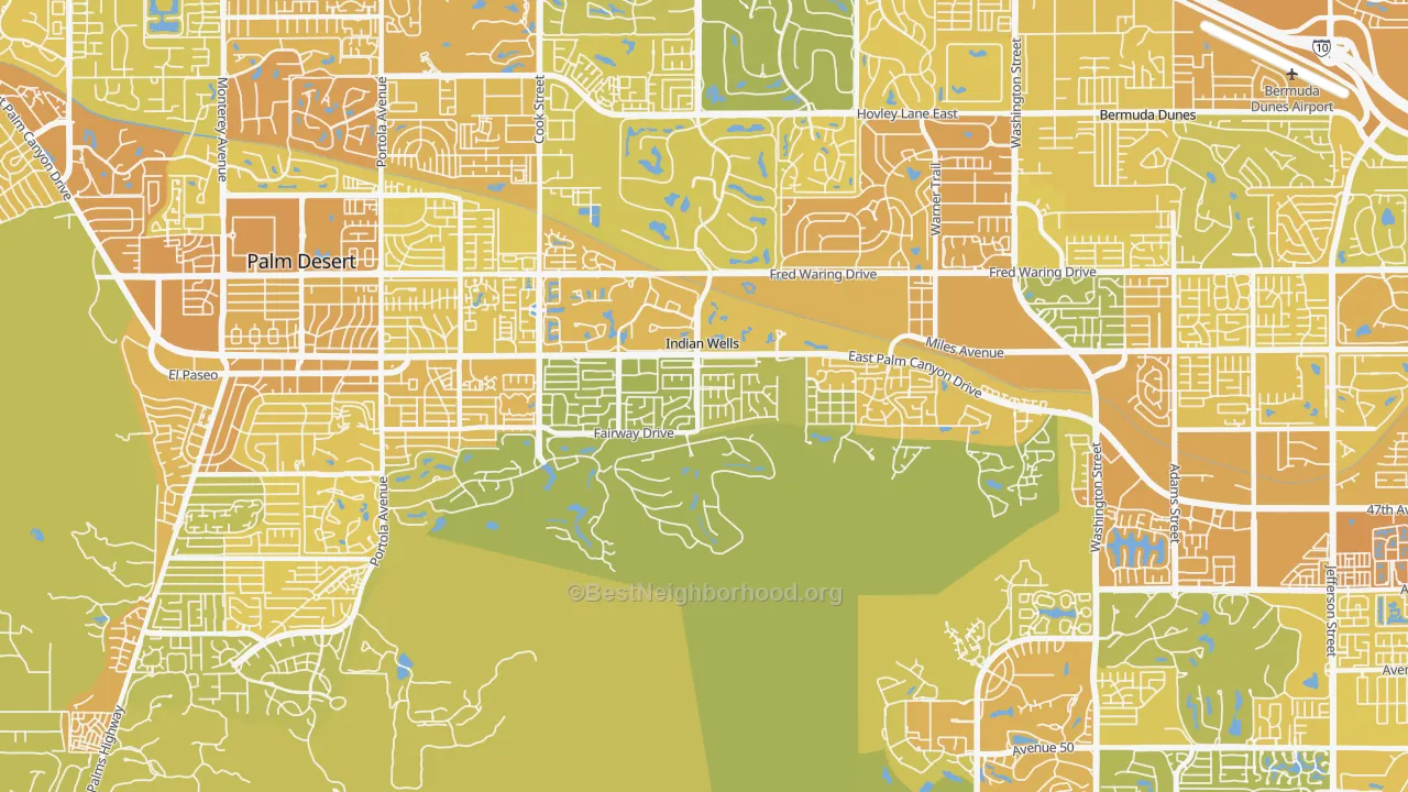 Map of the best neighborhoods in the 92210 area, with better matches in green and worse matches in red