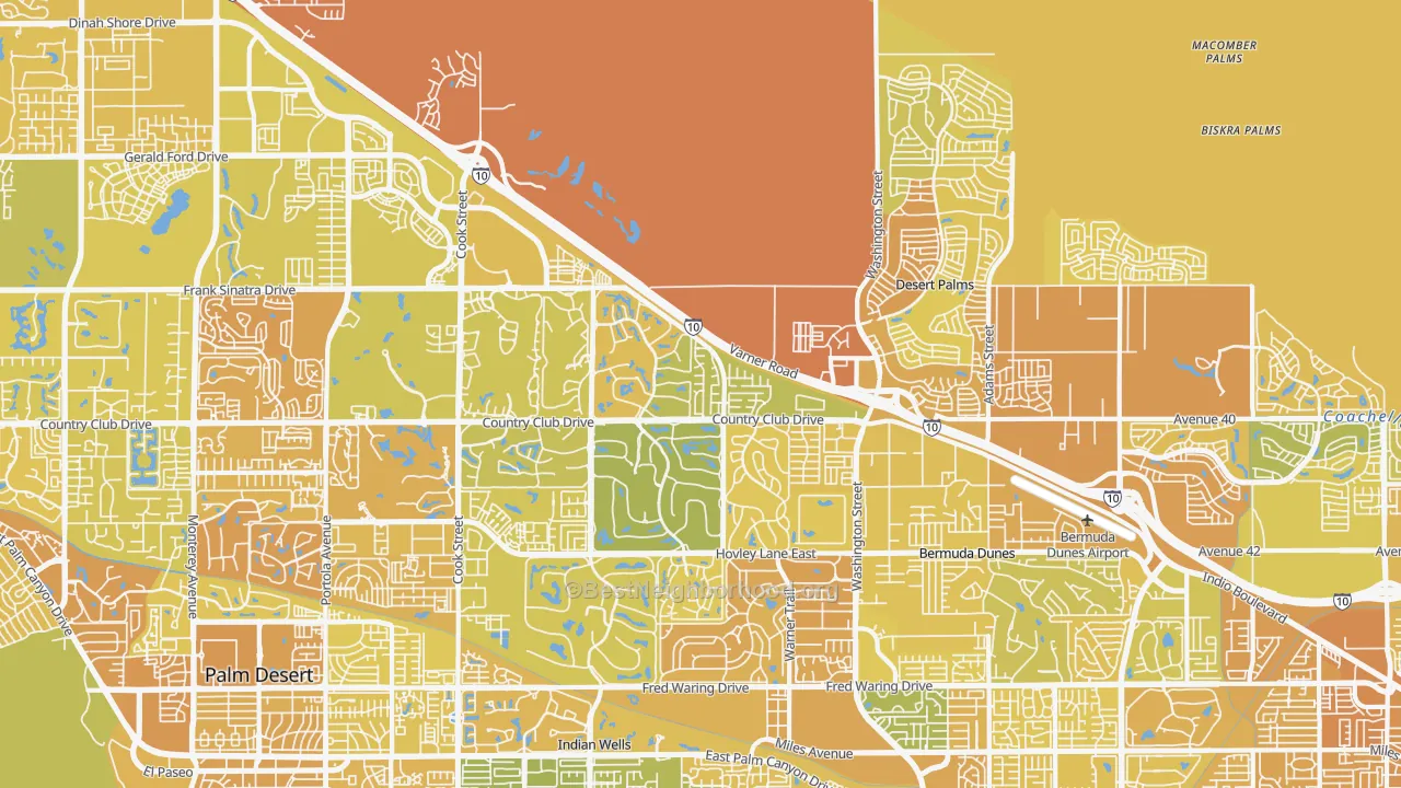 Map of the best neighborhoods in the 92211 area, with better matches in green and worse matches in red