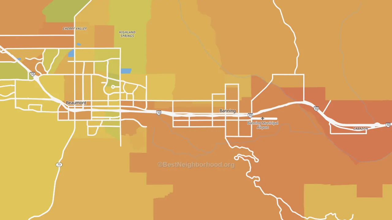 Map of the best neighborhoods in the 92220 area, with better matches in green and worse matches in red