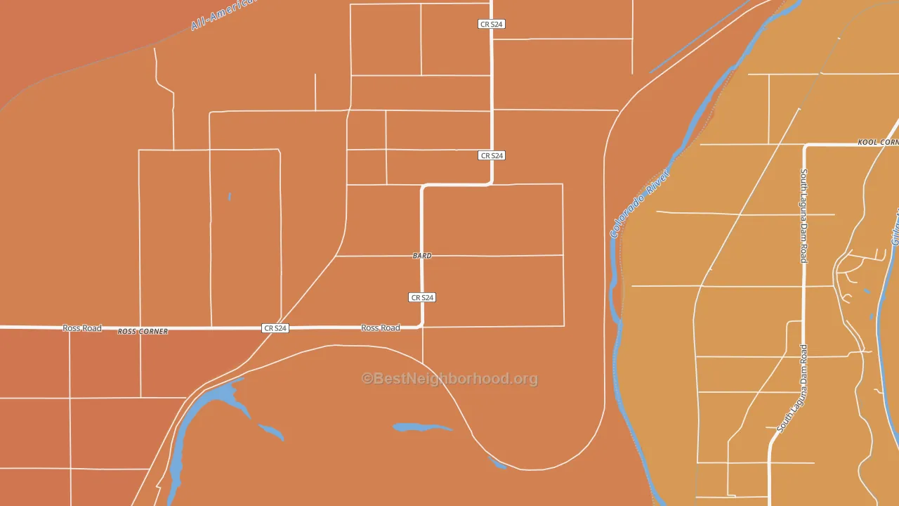 Map of the best neighborhoods in the 92222 area, with better matches in green and worse matches in red