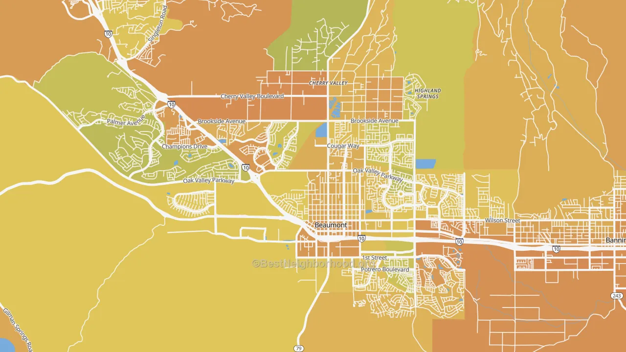 Map of the best neighborhoods in the 92223 area, with better matches in green and worse matches in red