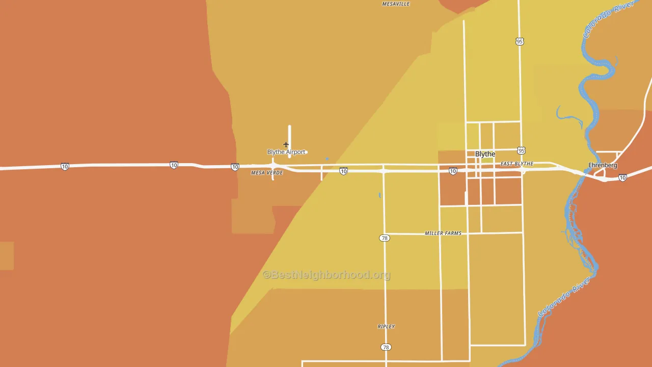 Map of the best neighborhoods in the 92225 area, with better matches in green and worse matches in red