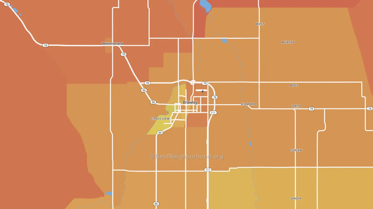Map of the best neighborhoods in the 92227 area, with better matches in green and worse matches in red