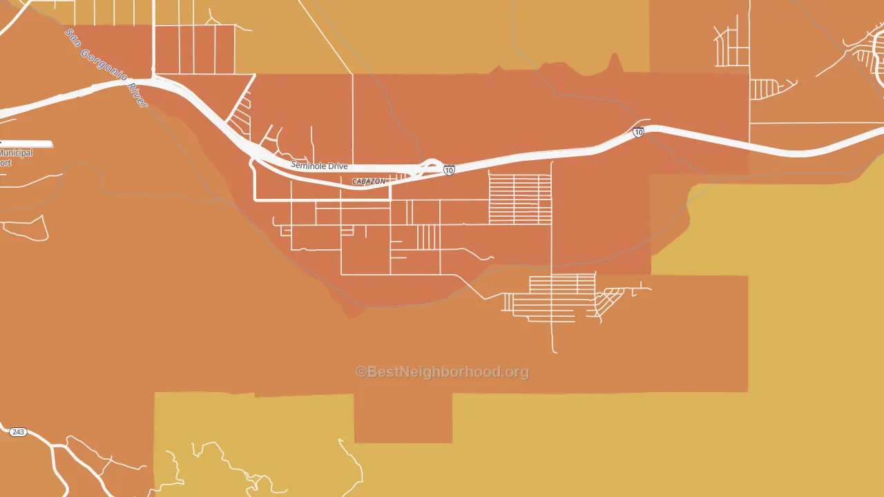 Map of the best neighborhoods in the 92230 area, with better matches in green and worse matches in red