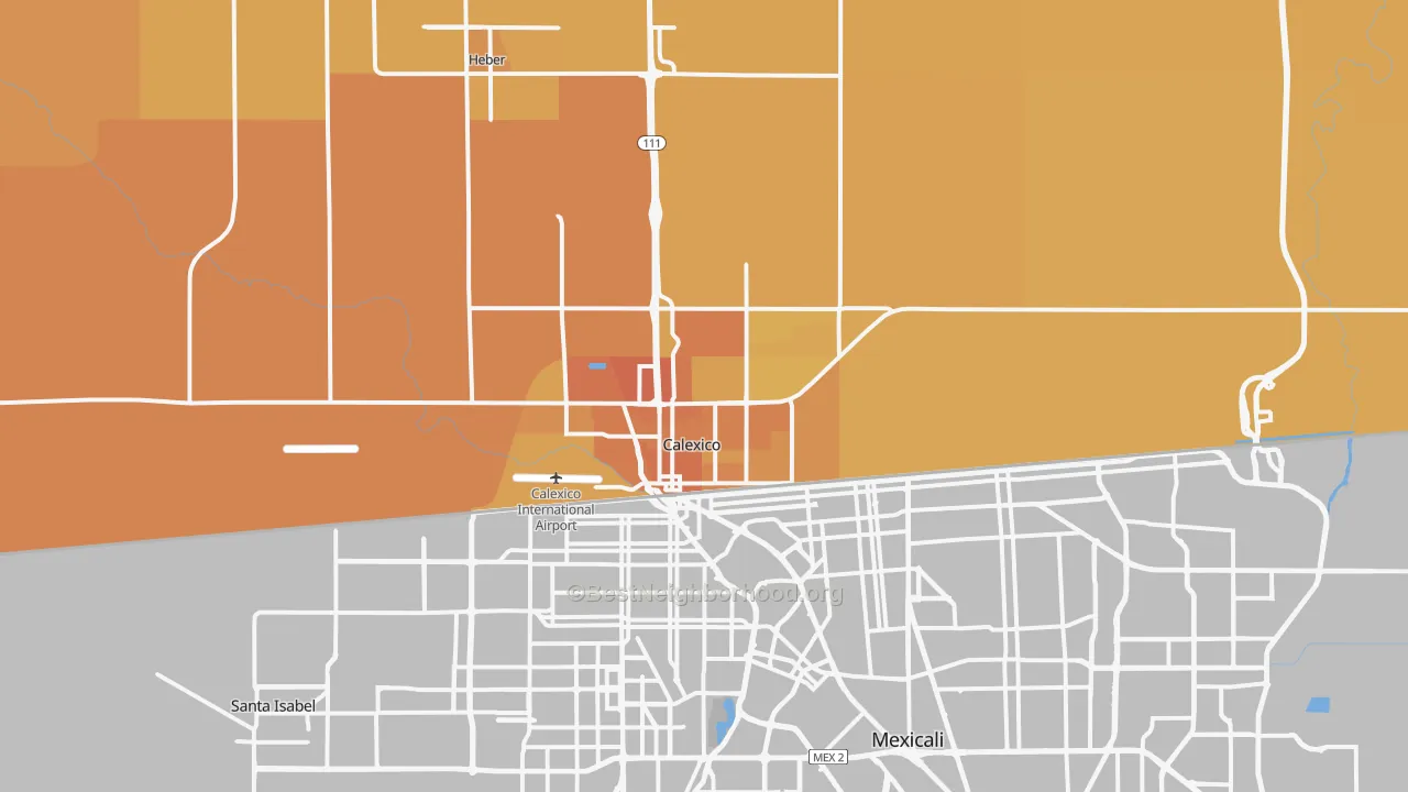 Map of the best neighborhoods in the 92231 area, with better matches in green and worse matches in red