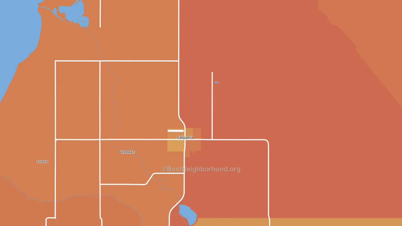 Map of the best neighborhoods in the 92233 area, with better matches in green and worse matches in red