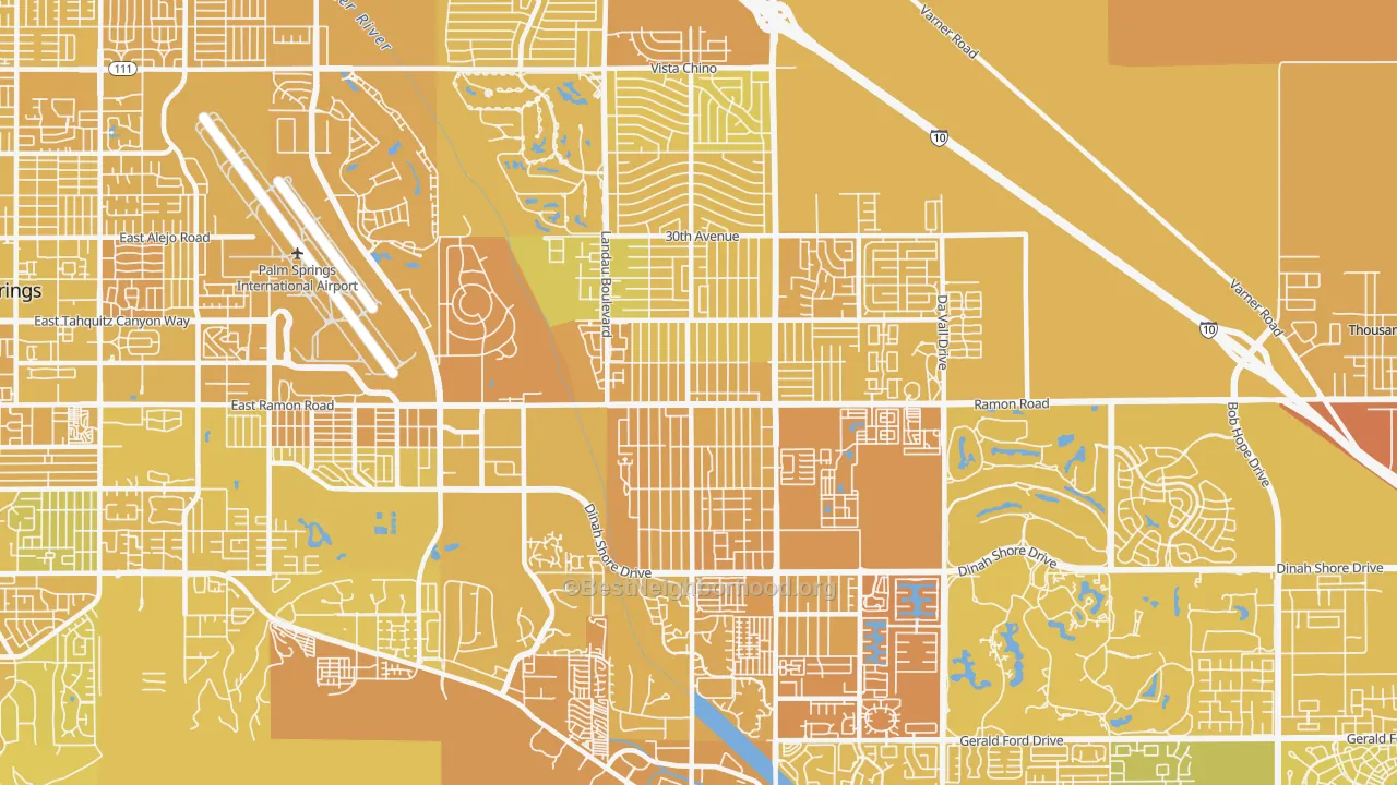 Map of the best neighborhoods in the 92234 area, with better matches in green and worse matches in red