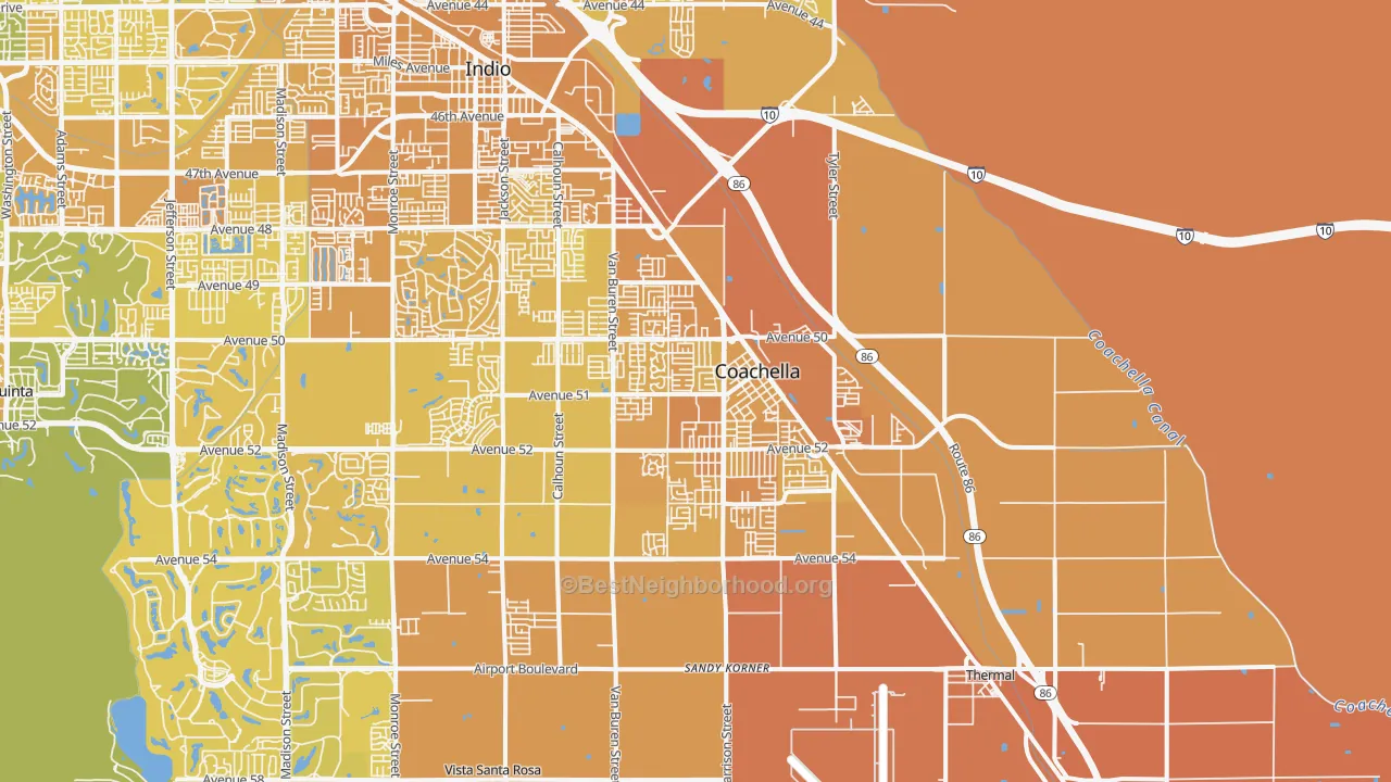 Map of the best neighborhoods in the 92236 area, with better matches in green and worse matches in red