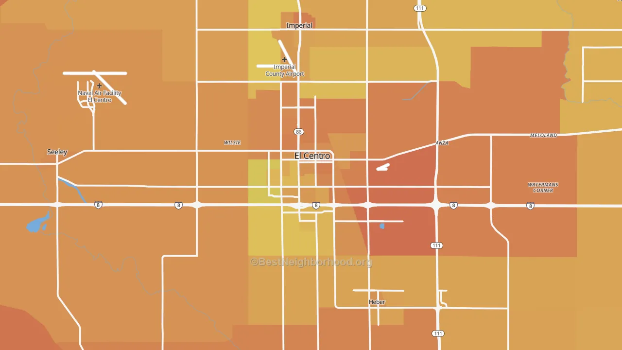 Map of the best neighborhoods in the 92243 area, with better matches in green and worse matches in red