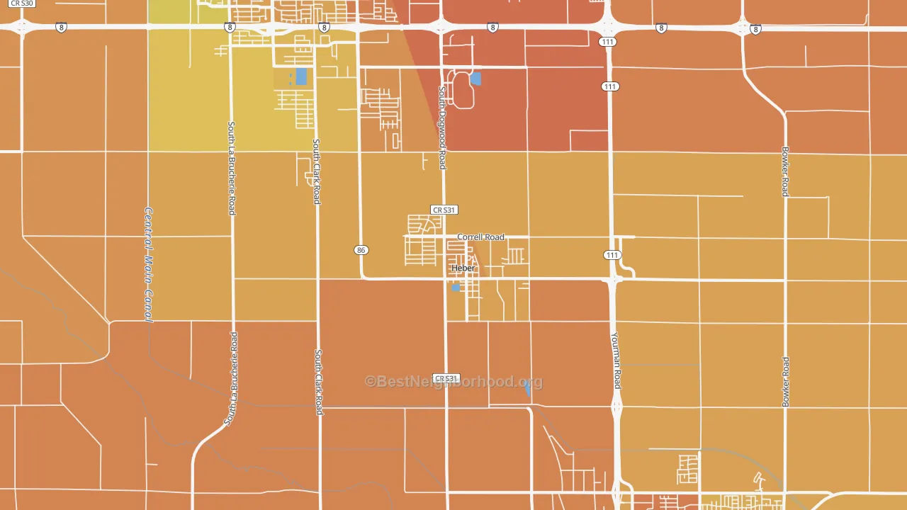 Map of the best neighborhoods in the 92249 area, with better matches in green and worse matches in red