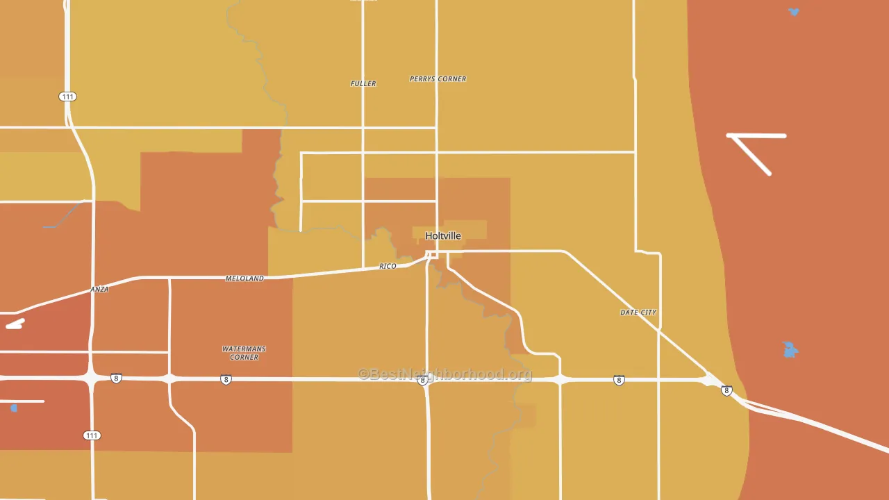 Map of the best neighborhoods in the 92250 area, with better matches in green and worse matches in red