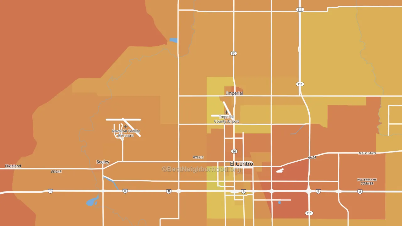 Map of the best neighborhoods in the 92251 area, with better matches in green and worse matches in red