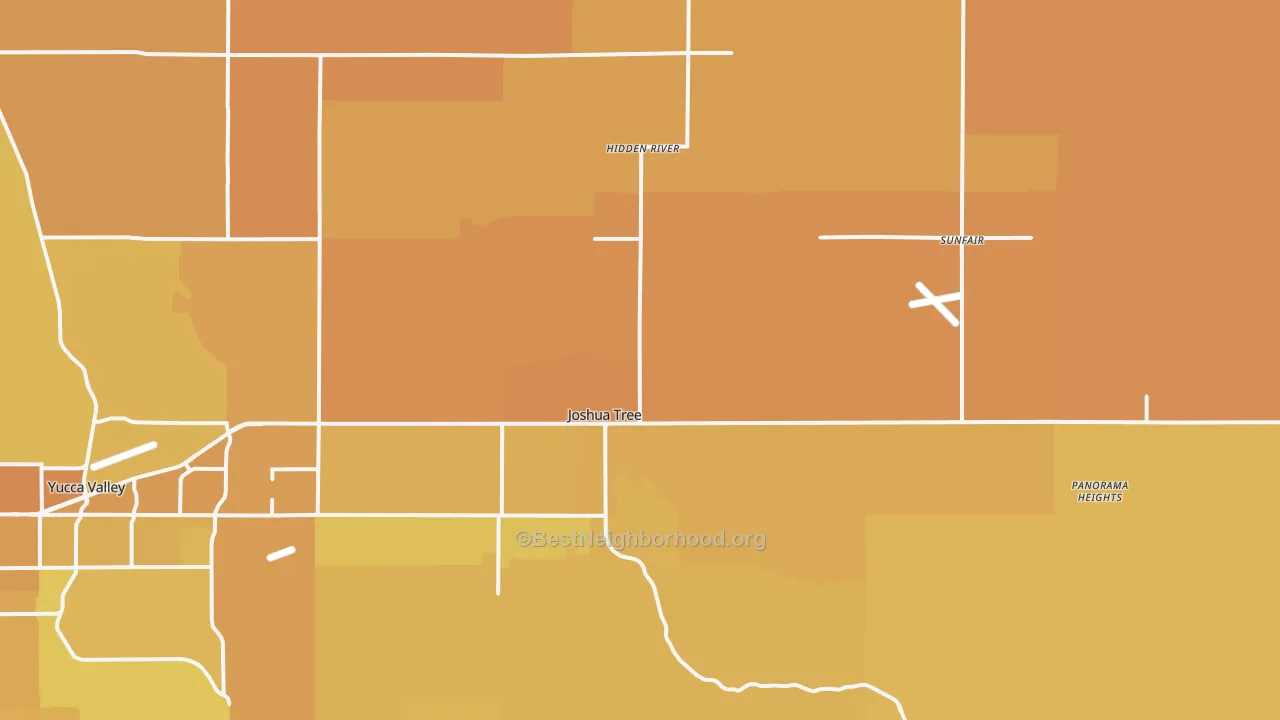 Map of the best neighborhoods in the 92252 area, with better matches in green and worse matches in red