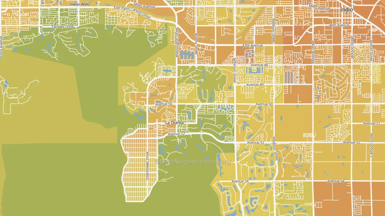 Map of the best neighborhoods in the 92253 area, with better matches in green and worse matches in red