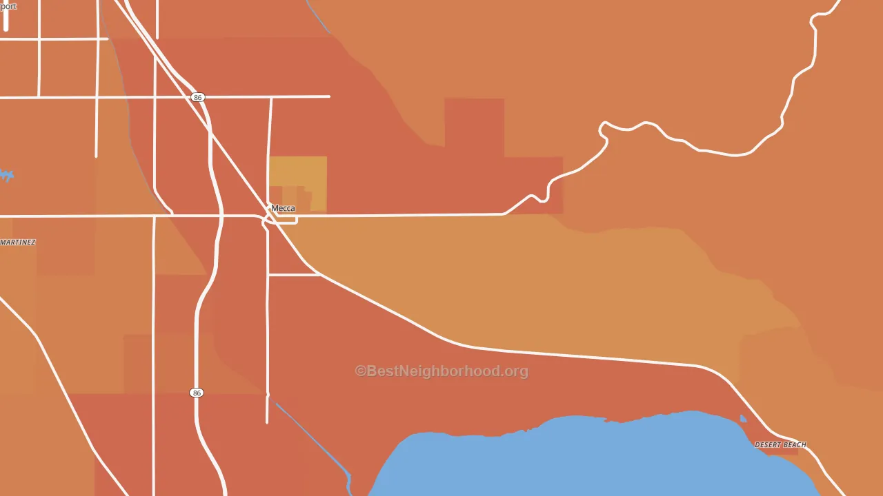 Map of the best neighborhoods in the 92254 area, with better matches in green and worse matches in red