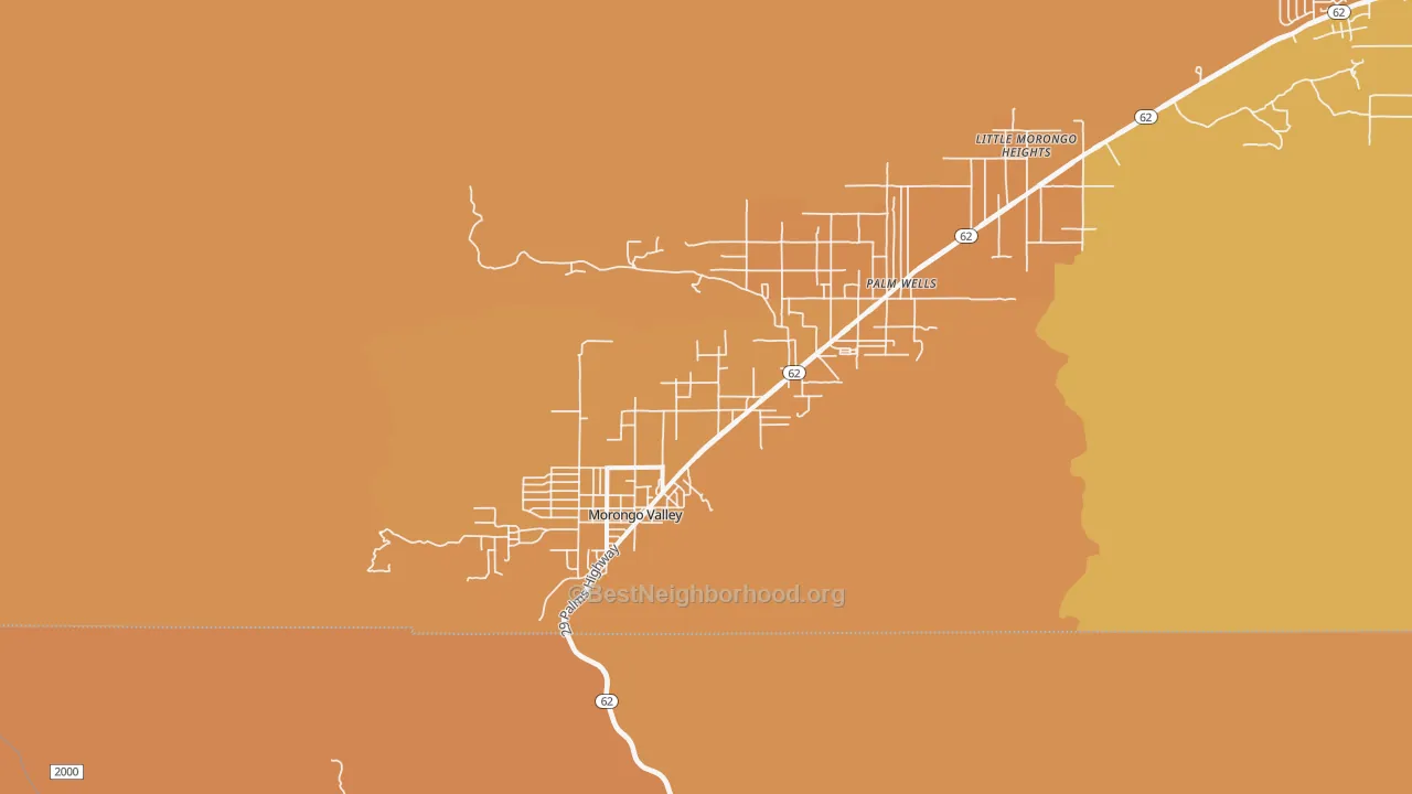 Map of the best neighborhoods in the 92256 area, with better matches in green and worse matches in red