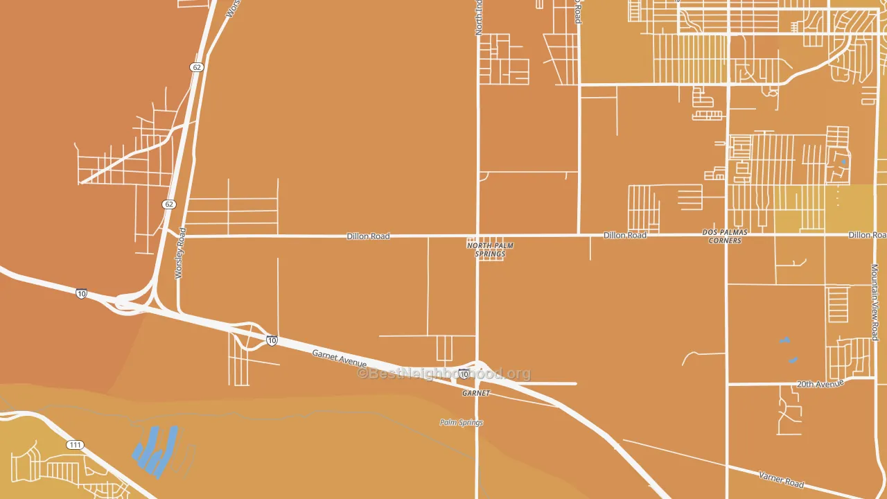 Map of the best neighborhoods in the 92258 area, with better matches in green and worse matches in red