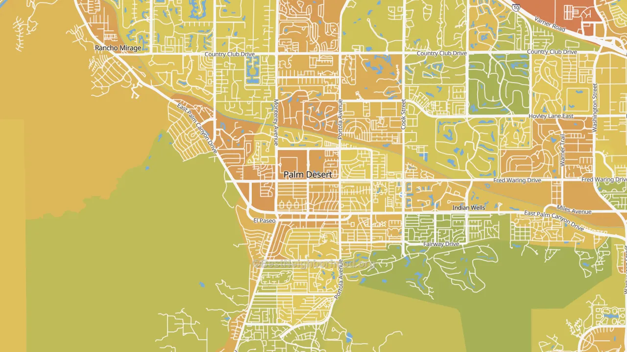 Map of the best neighborhoods in the 92260 area, with better matches in green and worse matches in red