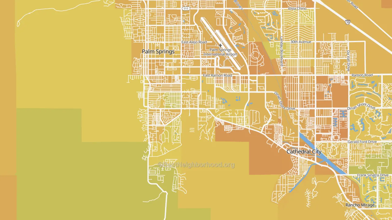 Map of the best neighborhoods in the 92264 area, with better matches in green and worse matches in red