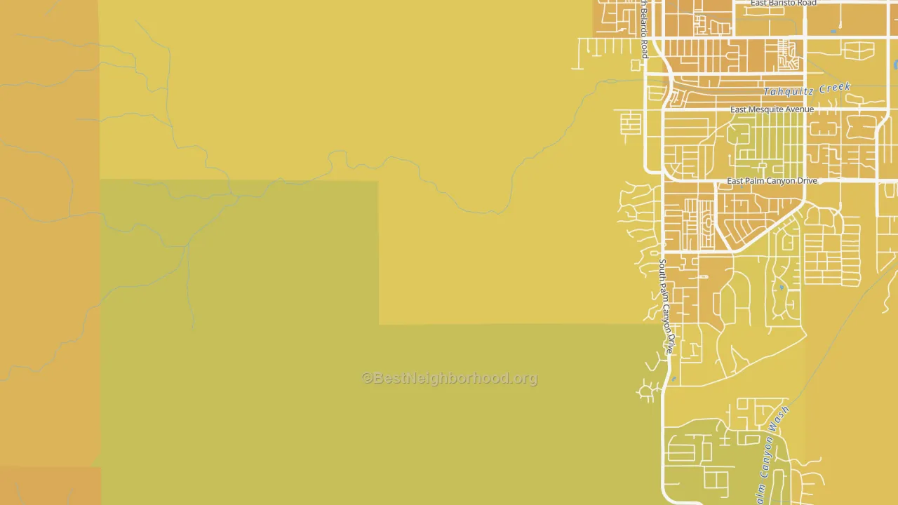 Map of the best neighborhoods in the 92265 area, with better matches in green and worse matches in red
