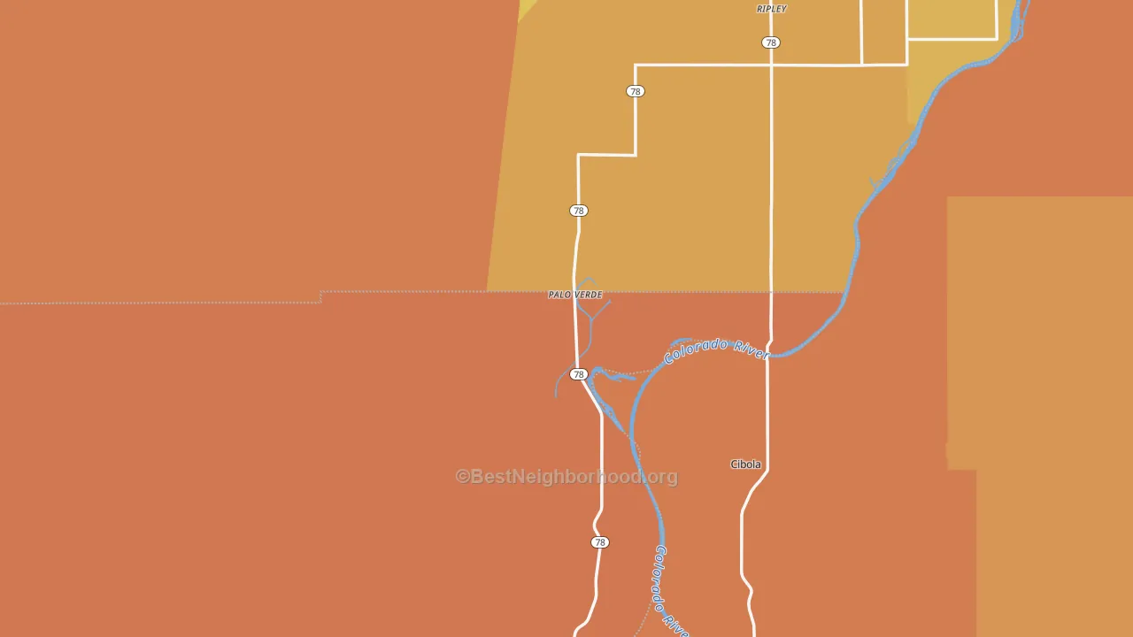 Map of the best neighborhoods in the 92266 area, with better matches in green and worse matches in red