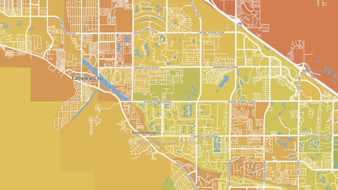 Map of the best neighborhoods in the 92270 area, with better matches in green and worse matches in red