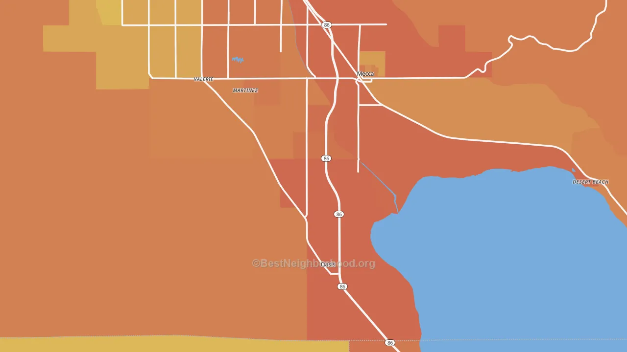 Map of the best neighborhoods in the 92274 area, with better matches in green and worse matches in red