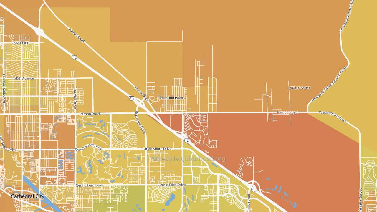 Map of the best neighborhoods in the 92276 area, with better matches in green and worse matches in red