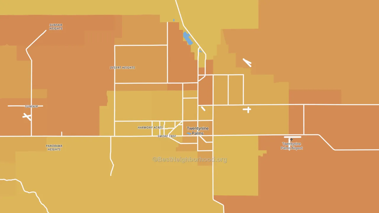 Map of the best neighborhoods in the 92277 area, with better matches in green and worse matches in red