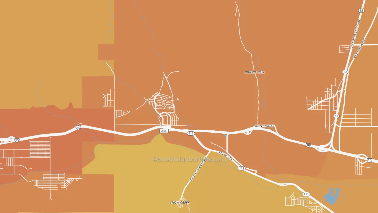 Map of the best neighborhoods in the 92282 area, with better matches in green and worse matches in red