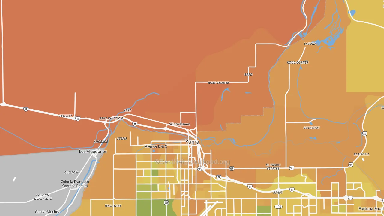 Map of the best neighborhoods in the 92283 area, with better matches in green and worse matches in red