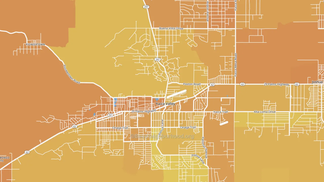 Map of the best neighborhoods in the 92284 area, with better matches in green and worse matches in red