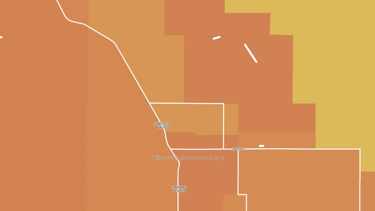 Map of the best neighborhoods in the 92285 area, with better matches in green and worse matches in red