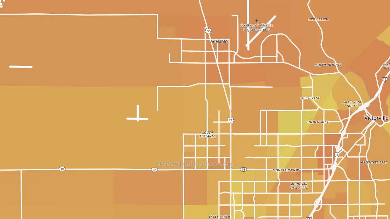 Map of the best neighborhoods in the 92301 area, with better matches in green and worse matches in red