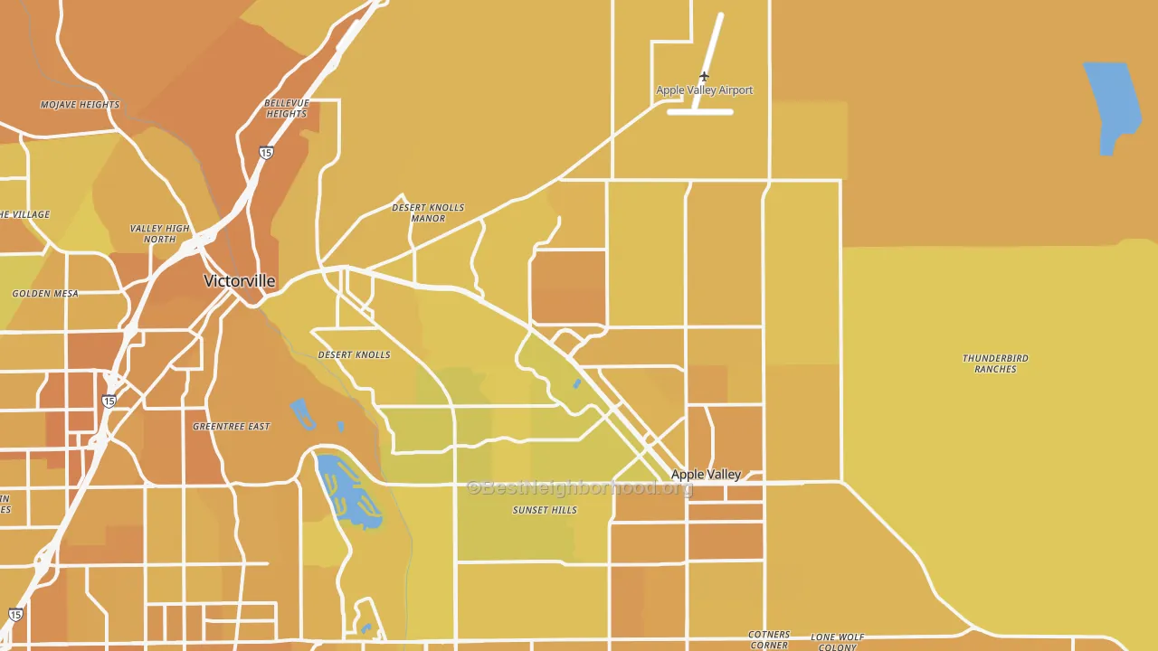 Map of the best neighborhoods in the 92307 area, with better matches in green and worse matches in red