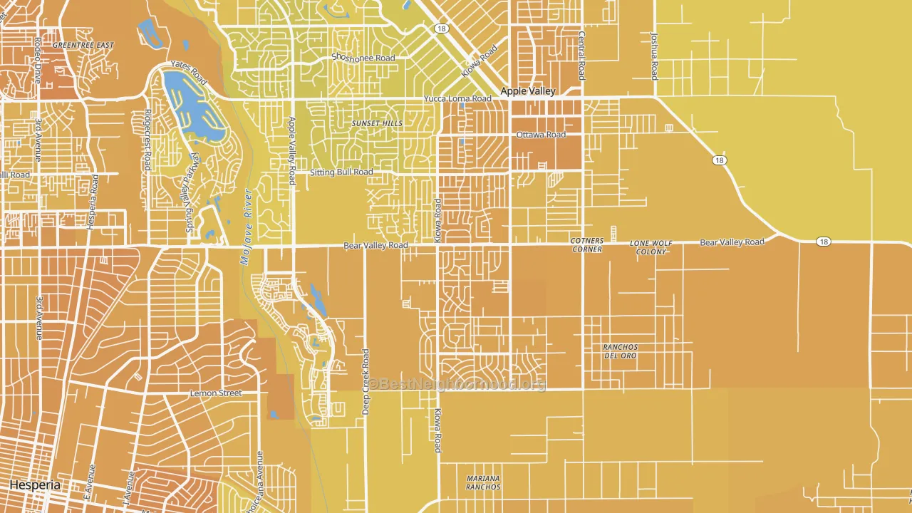 Map of the best neighborhoods in the 92308 area, with better matches in green and worse matches in red