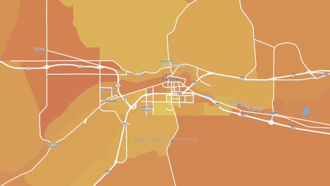 Map of the best neighborhoods in the 92311 area, with better matches in green and worse matches in red